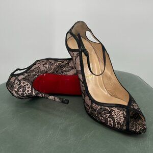 2000s Christian Louboutin Black and Pale Pink Chantilly Lace Heels in Size 38